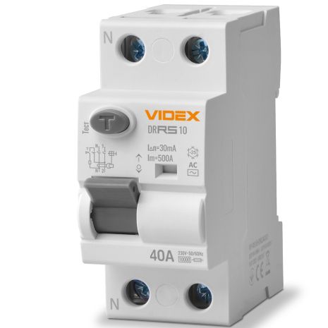 Пристрій захисного відключення (ПЗВ) VIDEX RESIST АС 2п 30мА 10кА 40А (VF-RS10-DR2AC40)
