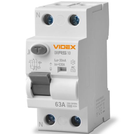 Пристрій захисного відключення (ПЗВ) VIDEX RESIST АС 2п 30мА 10кА 63А (VF-RS10-DR2AC63)