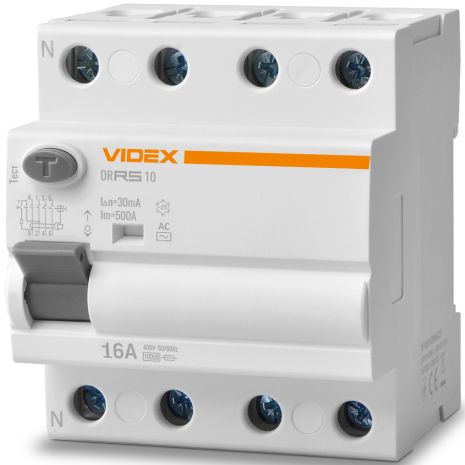 Пристрій захисного відключення (ПЗВ) VIDEX RESIST АС 4п 30мА 10кА 16А (VF-RS10-DR4AC16)