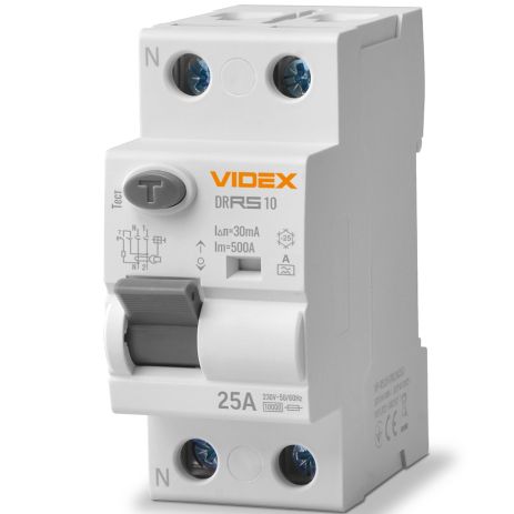 Пристрій захисного відключення (ПЗВ) VIDEX RESIST А 2п 30мА 10кА 25А (VF-RS10-DR2А25)