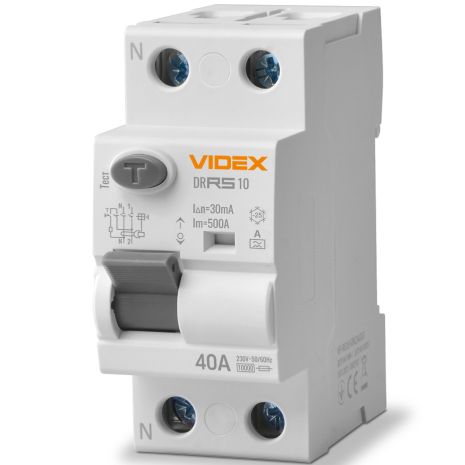 Пристрій захисного відключення (ПЗВ) VIDEX RESIST А 2п 30мА 10кА 40А (VF-RS10-DR2А40)
