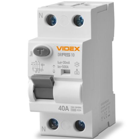 Устройство защитного отключения (УЗО) VIDEX RESIST А 2п 30мА 10кА 40А (VF-RS10-DR2А40)