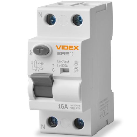 Пристрій захисного відключення (ПЗВ) VIDEX RESIST АС 2п 30мА 10кА 16А (VF-RS10-DR2AC16)