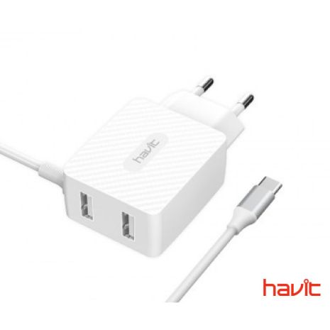 Зарядний пристрій для 3 гаджетів HAVIT HV-H144 Dual Travel Charger Type-C cable QC 3.0A white (25861)