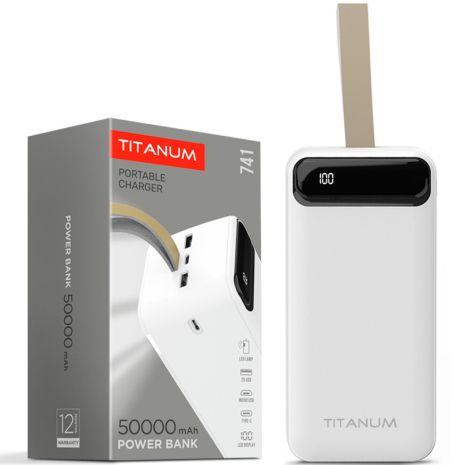 Повербанк TITANUM TPB-741-W 50000mAh Micro USB, Type-C, 2USB White з підсвічуванням