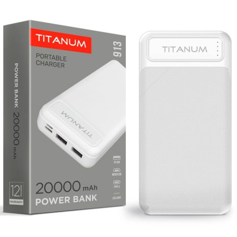 Powerbank TITANUM TPB-913-W 20000mAh Micro USB, Type-C, 2USB Білий