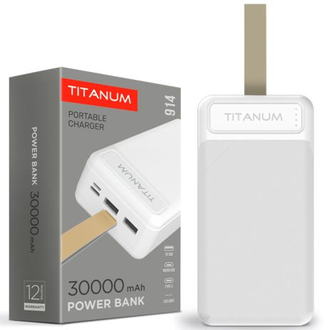 Powerbank TITANUM TPB-914-W 30000mAh Micro USB, Type-C, 2USB Білий