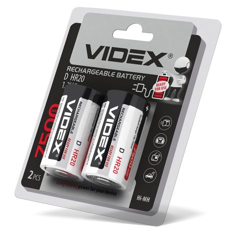 Акумулятори Videx HR20/D 7500mAh 2 шт у блістері, готові до використання з упаковки (24476)