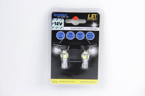 Автомобильный фонарь T10 LED 12V 5XSMD 5050 LED WHITE 2шт, BOSMA (4182)