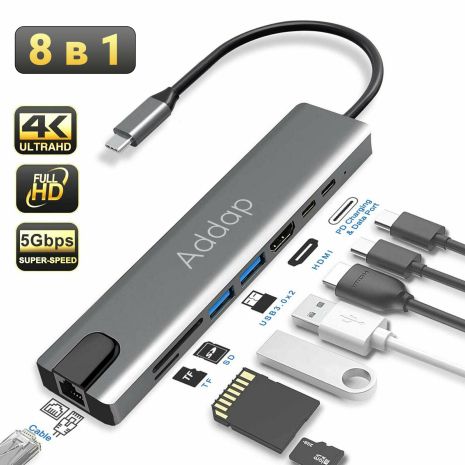 Мультифункциональный USB Type-C хаб Addap MH-04, 8 в 1: HDMI/HDTV + PD + USB C + SD + TF + RJ45
