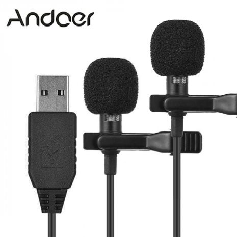 Двойной петличный микрофон Andoer EY-510D USB, 4 метра, петличка для ноутбука, компьютера, пк