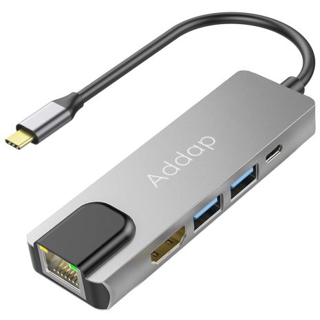 Мультифункціональний USB Type-C хаб/розгалужувач Addap MH-09, концентратор 5в1: 2 x USB 3,0 + Type-C + HDMI + Ethernet 100mbps