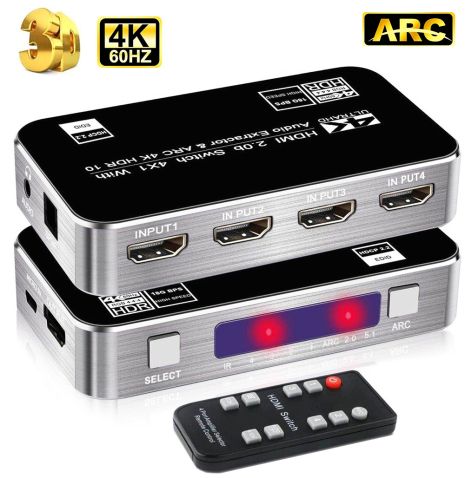 Комутатор HDMI | свитч на 4 порти Addap HVS-04, чотиринаправлений відео перемикач 4К, з підтримкою ARC, Silver