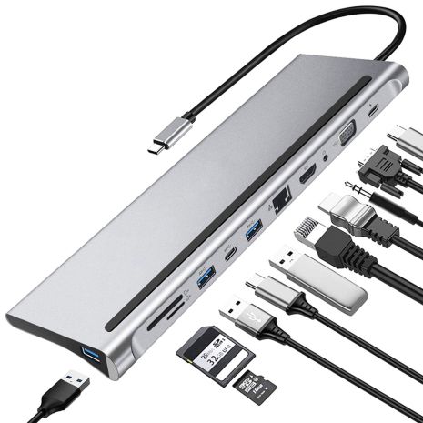 11в1: Многопортовый USB Type-C хаб / подставка для ноутбука Addap MH-01: HDMI + USB A + PD + USB C + SD + RJ45 + VGA + 3,5mm