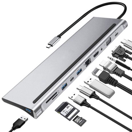 11в1: Багатопортовий USB Type-C хаб/підставка для ноутбука Addap MH-01: HDMI + USB A + PD + USB C + SD + RJ45 + VGA + 3,5mm