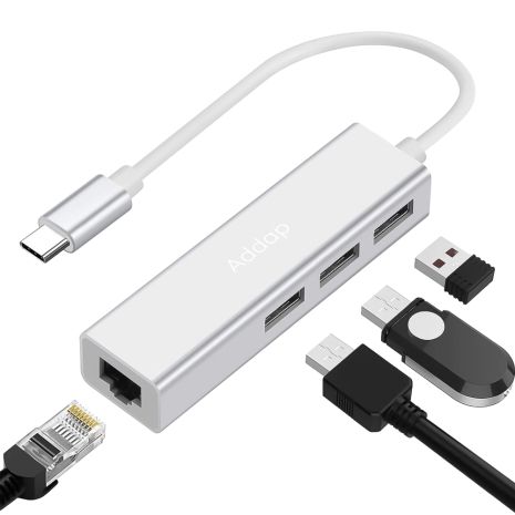 USB Type-C Хаб | адаптер на 3 порта USB 3,0 для ноутбука Addap MH-05, с интернет подключением Ethernet RJ-45
