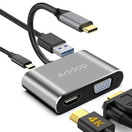 4в1: мультифункциональный адаптер USB Type-C для ноутбука Addap MH-02: HDMI + VGA + USB 3,0 + USB-C PD