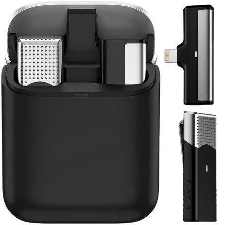 Бездротова петлична система мікрофона для Lightning пристроїв Savetek P35, із зарядним кейсом, 2.4 ГГц, Apple iPhone, iPad, до 20 м, Чорний
