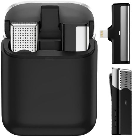 Беспроводная петличная система микрофона для Lightning устройств Savetek P35, с зарядным кейсом, 2.4 ГГц, Apple iPhone, iPad, до 20 м, Черный