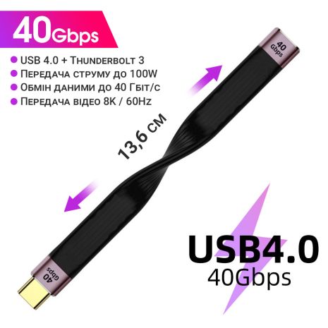 Кабель Type-C Male to Female 40Gbps для синхронізації даних та заряджання Addap UA2UAC-02, 100Вт, USB 4.0