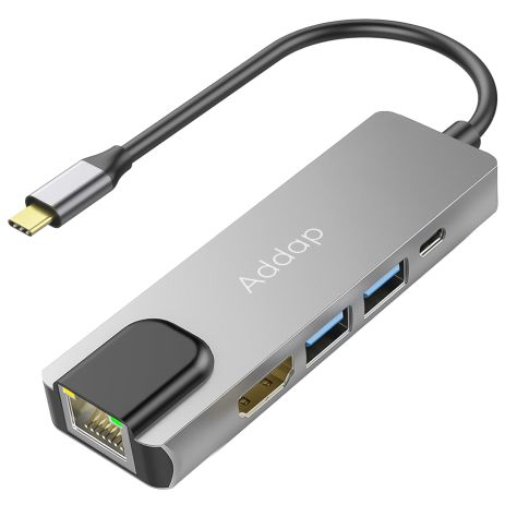 Многофункциональный USB Type-C хаб / разветвитель Addap MH-09s, концентратор 5в1: 2 x USB 3,0 + Type-C + HDMI + Ethernet Gigabit