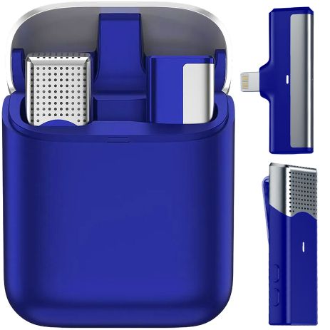 Бездротова петлична система мікрофона для Lightning пристроїв Savetek P35, із зарядним кейсом, 2.4 ГГц, Apple iPhone, iPad, до 20 м, Синій