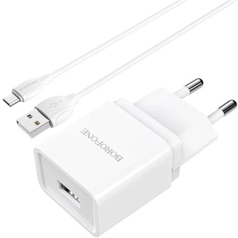 Зарядное устройство СЗУ + Кабель micro USB Borofone BA19A, 5V, 1.0A, White