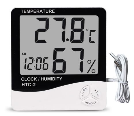 Электронный цифровой термометр гигрометр с выносным датчиком и часами Uchef HTC-2, версия 1