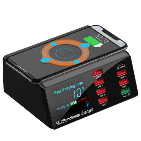 Мультизарядний пристрій з бездротовою зарядкою Addap MCS-X9, на 8 USB, 100W