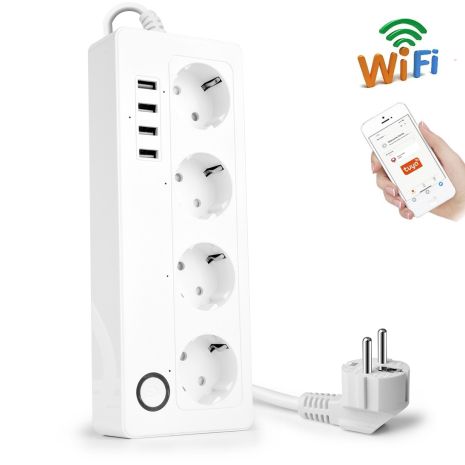 Умный сетевой фильтр с WiFi подключением USmart IS-03w, удлинитель на 4 розетки + 4 USB, поддержка Tuya, Android / iOS