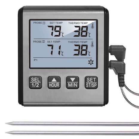 Кухонний цифровий термометр + таймер UChef TP-710s, з 2-ма виносними щупами, сигналізатором, магнітом та програмами смаження м'яса