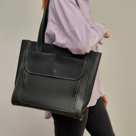 Стильная кожаная женская сумка шоппер GS черная 33*35*12 cм