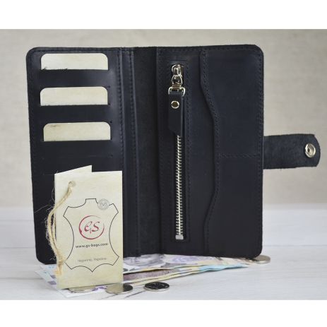 Жіночий шкіряний гаманець з монетницею на блискавці GS чорний