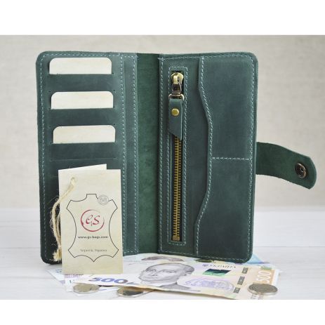 Жіночий шкіряний гаманець з монетницею на блискавці GS зелений