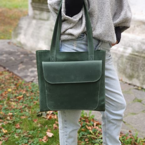Стильная кожаная женская сумка шоппер GS зеленая 33*35*12 cм