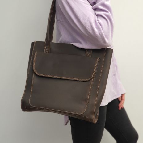 Стильная кожаная женская сумка шоппер GS коричневая 33*35*12 cм