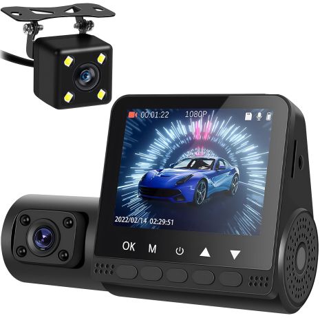 Автомобільний відеореєстратор із трьома камерами Podofo W8109, з дисплеєм, на лобове скло, FullHD 1080P