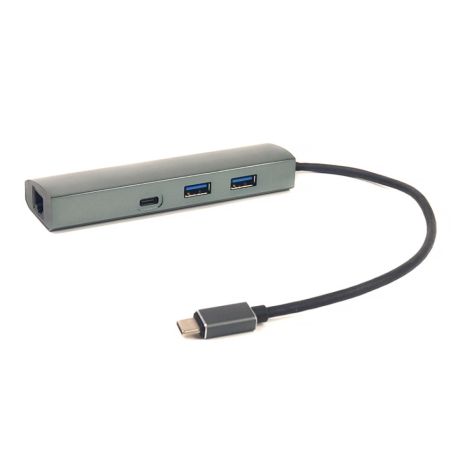 Перехідник PowerPlant USB 3.0 2 порти + 1 порт Type-C USB 3.1 + Gigabit Ethernet