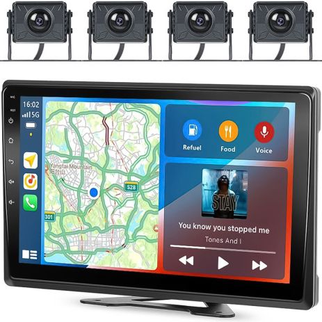 Автомобильный парковочный комплект с 10.1" экраном и 4 камерами заднего вида Podofo A3554, для грузовиков, CarPlay/Android Auto, Bluetooth, FM