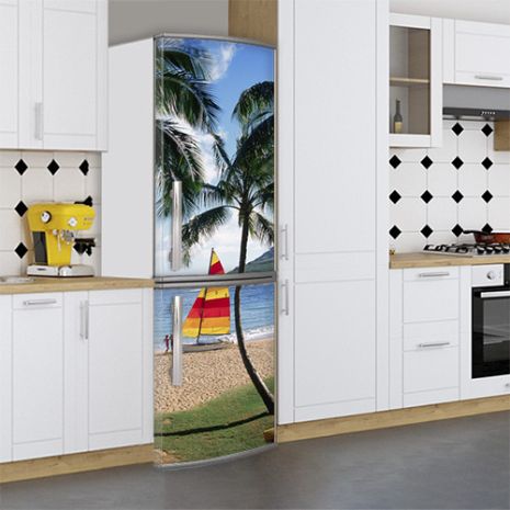 Виниловая наклейка на холодильник, пляж и пальмы, 200х65 см - Лицевая(В), с ламинацией
