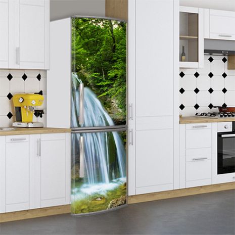 Виниловая наклейка на холодильник, водопад в лесу, 200х65 см - Лицевая(В), с ламинацией