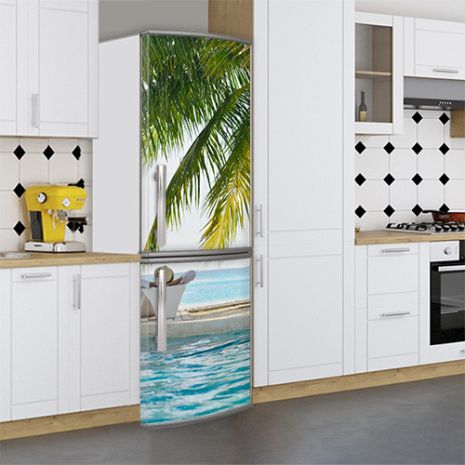Виниловая наклейка на холодильник, море и пальмы, 200х65 см - Лицевая, с ламинацией