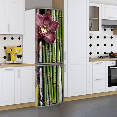 Виниловая наклейка на холодильник, орхидеи и бамбук, 200х65 см - Лицевая(В), с ламинацией