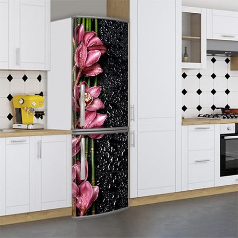 Наклейки на холодильник, орхидеи с брызгами, 200х65 см - Лицевая(В), с ламинацией