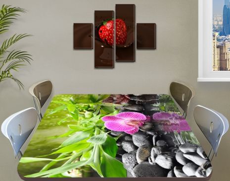 Наклейка на стіл Рожева орхідея на Чорному камені плівка декоративна самоклеюча квіти, зелений 60 х 100 см