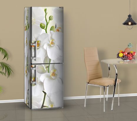 Наклейки на холодильник, орхидеи белые, 200х65 см - Лицевая+боковая, с ламинацией