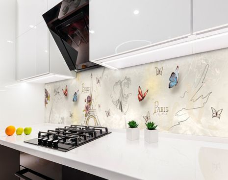 Наклейка на кухонный фартук 65 х 250 см, фотопечать с защитной ламинацией Париж, рисованные бабочки