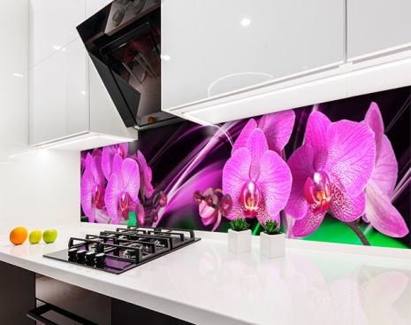 Наклейка на кухонный фартук 65 х 300 см, фотопечать с защитной ламинацией фиолетовые орхидеи, абстракция