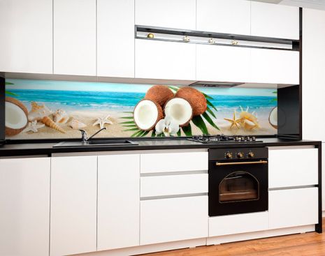 Наклейка на кухонный фартук 65 х 250 см, фотопечать с защитной ламинацией Кокосовые орехи, тропический пляж
