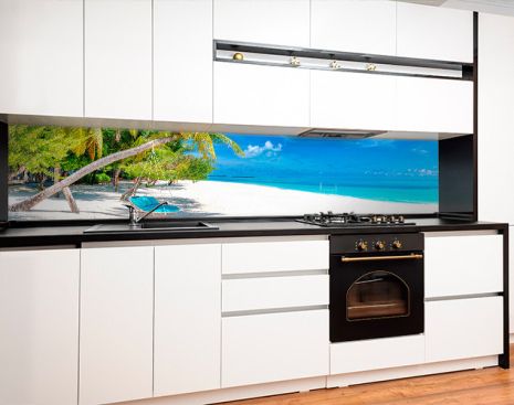 Наклейка на кухонный фартук 60 х 200 см, фотопечать с защитной ламинацией Белый песок, пальмы, природа